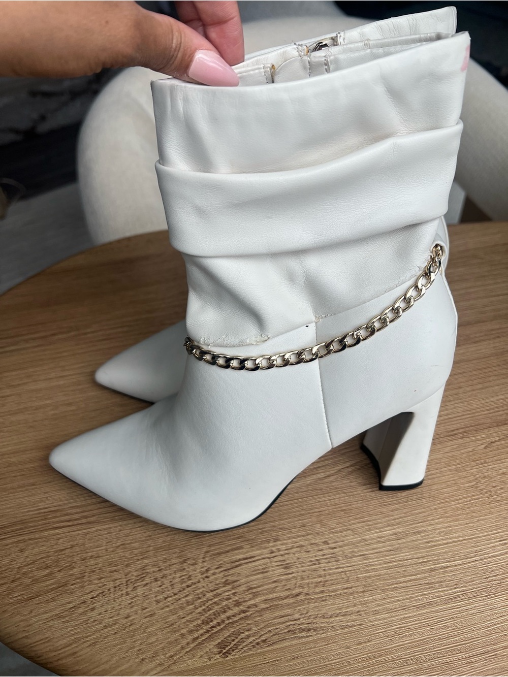 Zara White Pointed-Toe Chain-Trim Ankle Boots